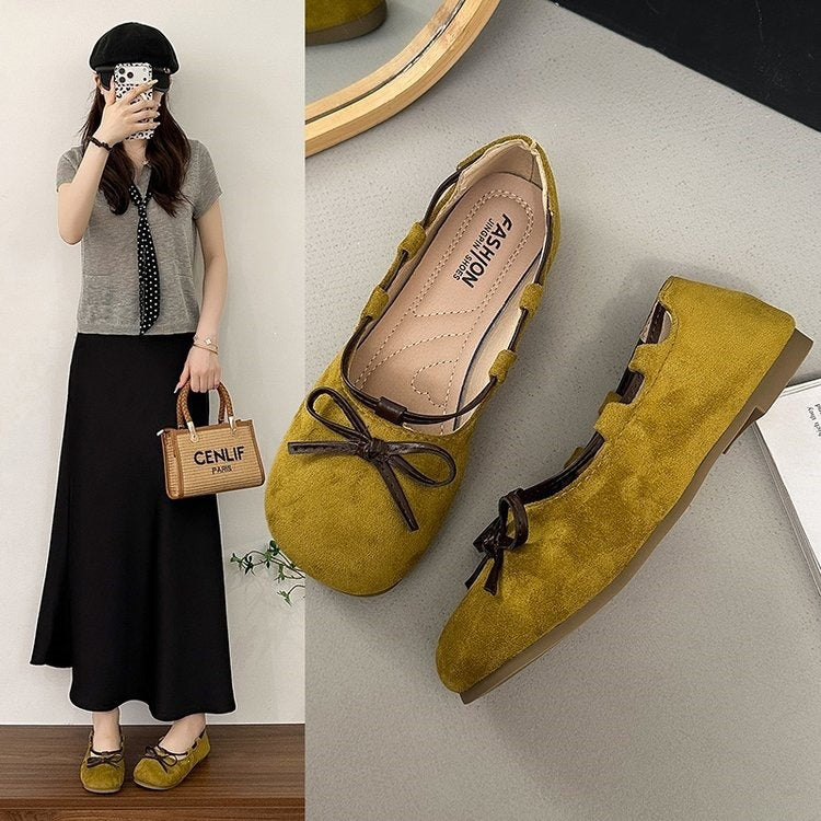 plus size summer new french style round toe bow mary jane shoes women's slip-on flat loafers