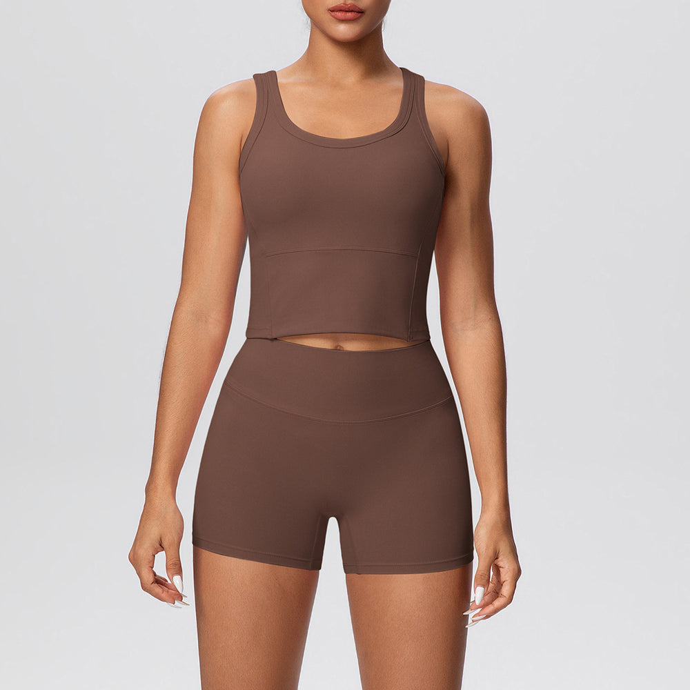 New arrival: cross-border double-sided brushed solid color breathable tank top and shorts yoga set - activewear two-piece for running and fitness