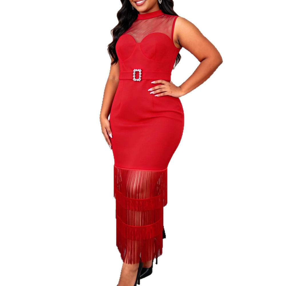 High neck see-through sexy mesh panel sleeveless bodycon dress with tassel hem - slim fit elegant evening gown