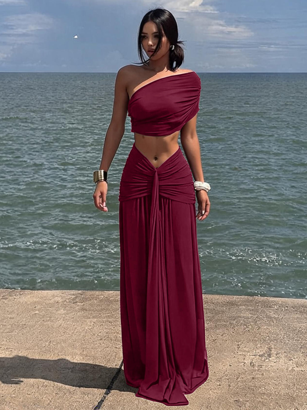 European and american women's clothing  summer new collection: solid color bandeau top, slim-fit strappy sexy ruched midi skirt set