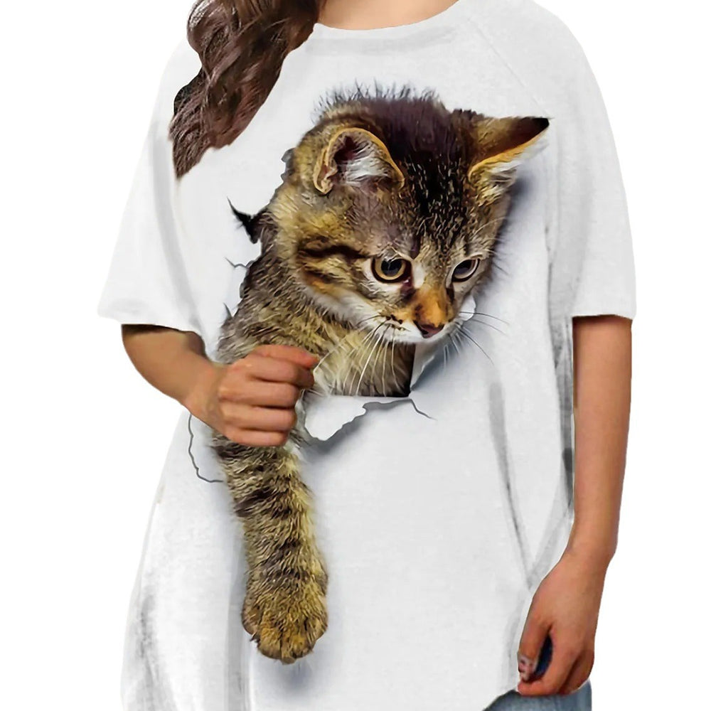 cross-border   plus size women's cute cat 3d digital print short sleeve loose crew neck t-shirt
