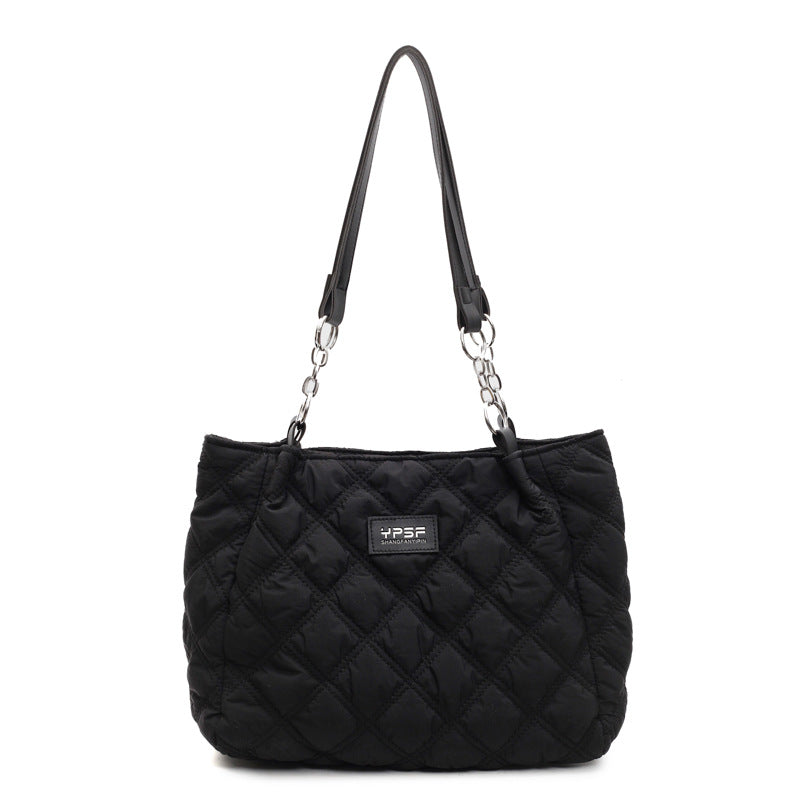 Simple casual tote bag women's spring and summer new large-capacity rhombus embroidered thread cotton bag class commuting versatile shoulder bag