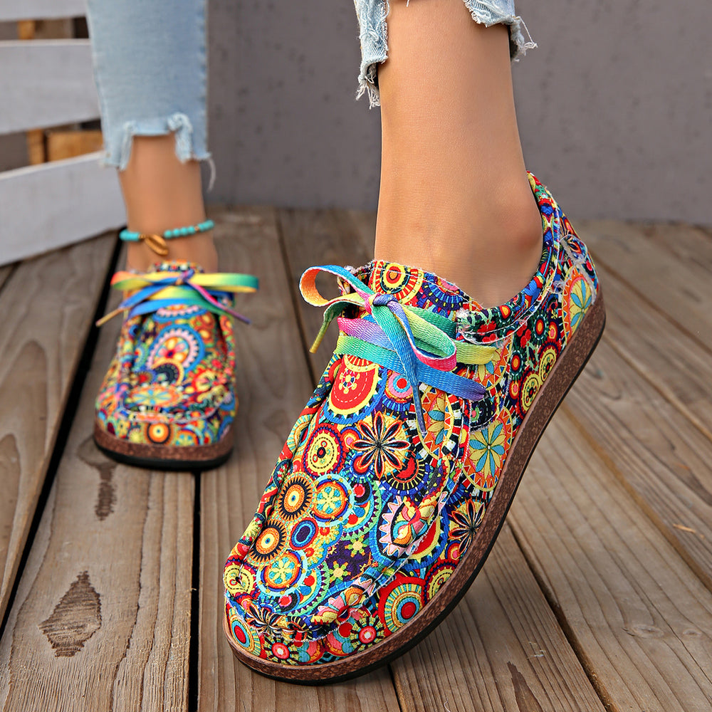 export plus size ethnic style casual flats women's colorful lace-up graffiti low-top canvas shoes wood grain thick sole shoes