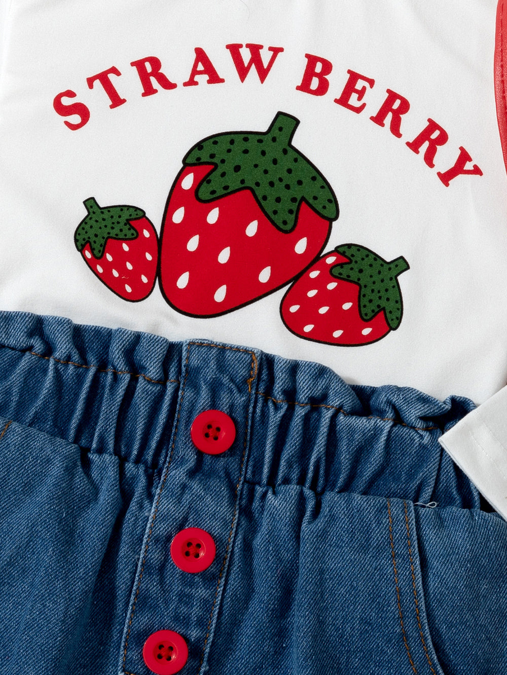 new autumn cross-border baby & toddler cute strawberry print top + embroidered denim maxi skirt with bag 3-piece set