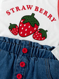 new autumn cross-border baby & toddler cute strawberry print top + embroidered denim maxi skirt with bag 3-piece set