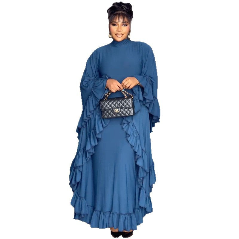 European and American  women's clothing 2025 autumn new fashion semi-turtleneck bat sleeve splicing ruffle dress dress