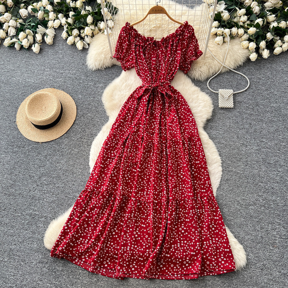 French chic red floral dress - women's summer korean style ruffle hem a-line maxi dress - slimming and figure-flattering