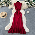 Luxury sleeveless halter neck diamond-embellished knit dress - women's summer high-waisted fitted mermaid dress - commute-friendly designer maxi dress