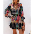 independent station  hot style spring and summer long sleeves v neckfashionprinting waist dress women's clothing