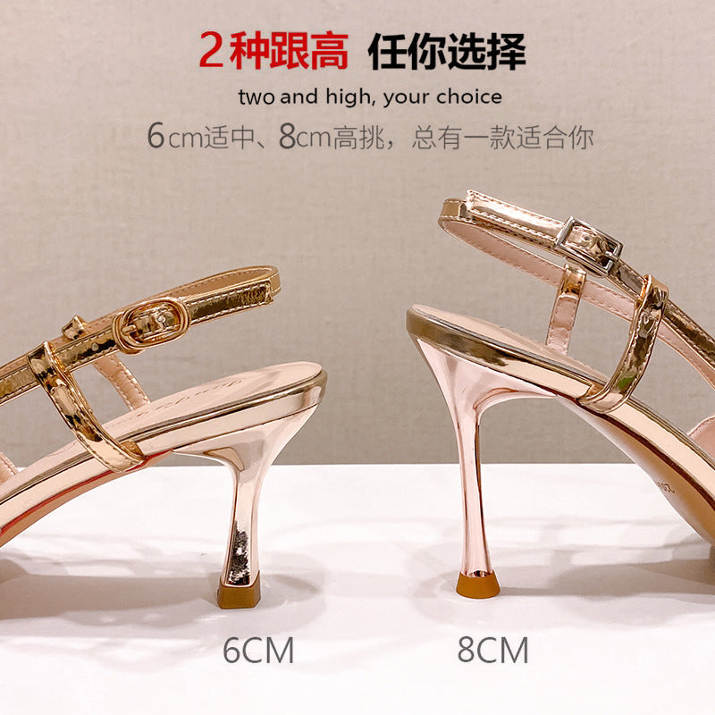 Elegant socialite pointed toe full diamond dress high heel toe sandals 2024 summer new arrival champagne color one strap back hollow thin