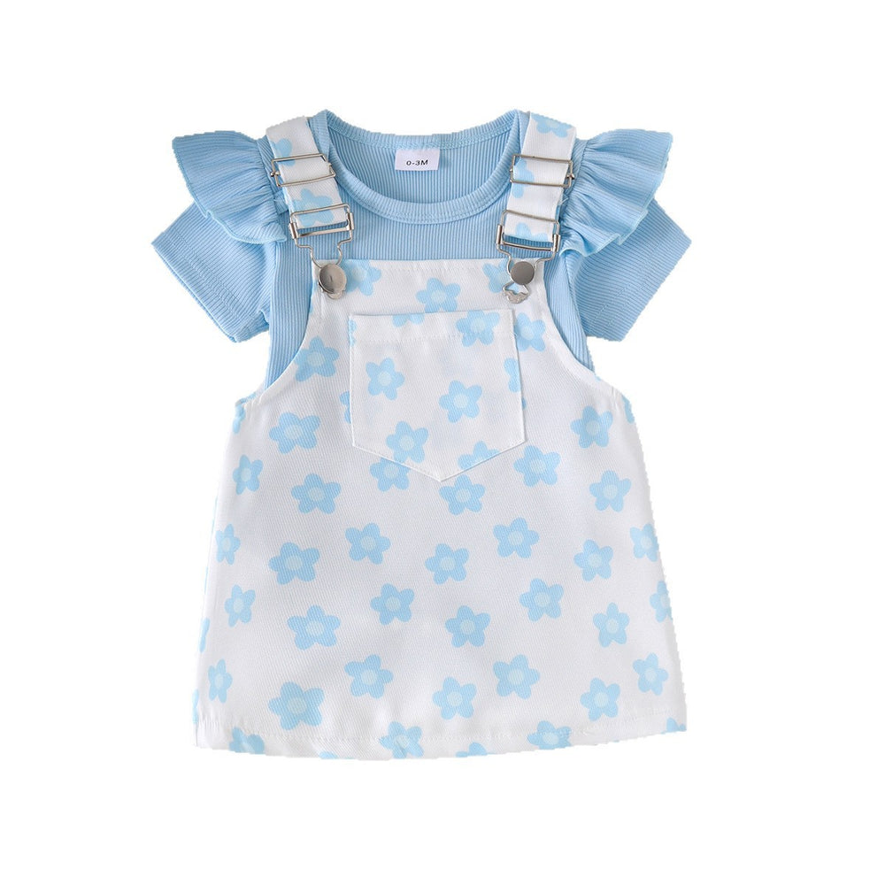 Baby girl light blue flying sleeve blue flower suspender skirt ruffle short-sleeved t-shirt floral suspender skirt fresh summer
