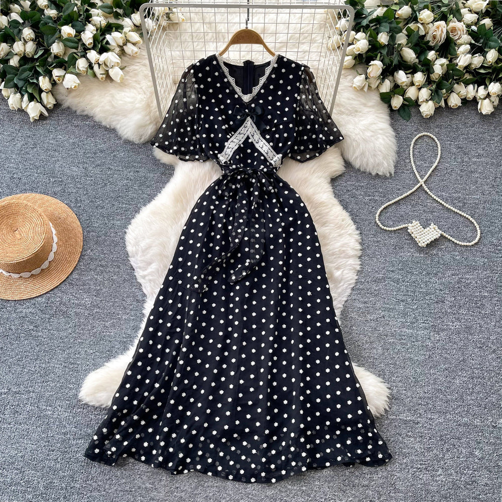 Ladies style black polka dot mesh dress women's summerv neck short sleeve high waistslimming look a-line long skirtelegant