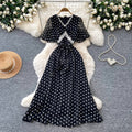 Ladies style black polka dot mesh dress women's summerv neck short sleeve high waistslimming look a-line long skirtelegant