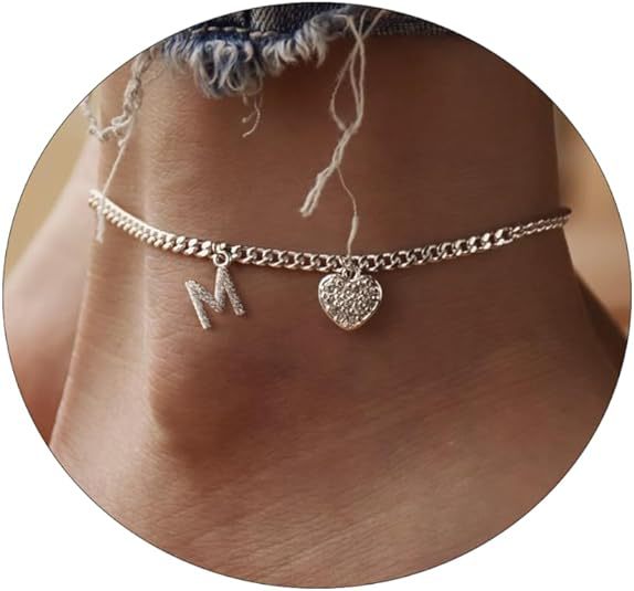 Amazon exquisite silver initial anklet - minimalist personalized letter anklet with cz heart cuban chain