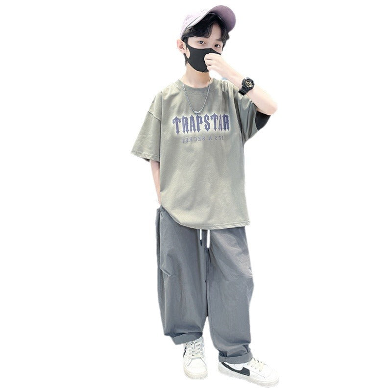 Boys' short-sleeve and pants set - summer lightweight style,  new collection, mid-to-large size children's activewear, trendy summer outfit, stylish and cool