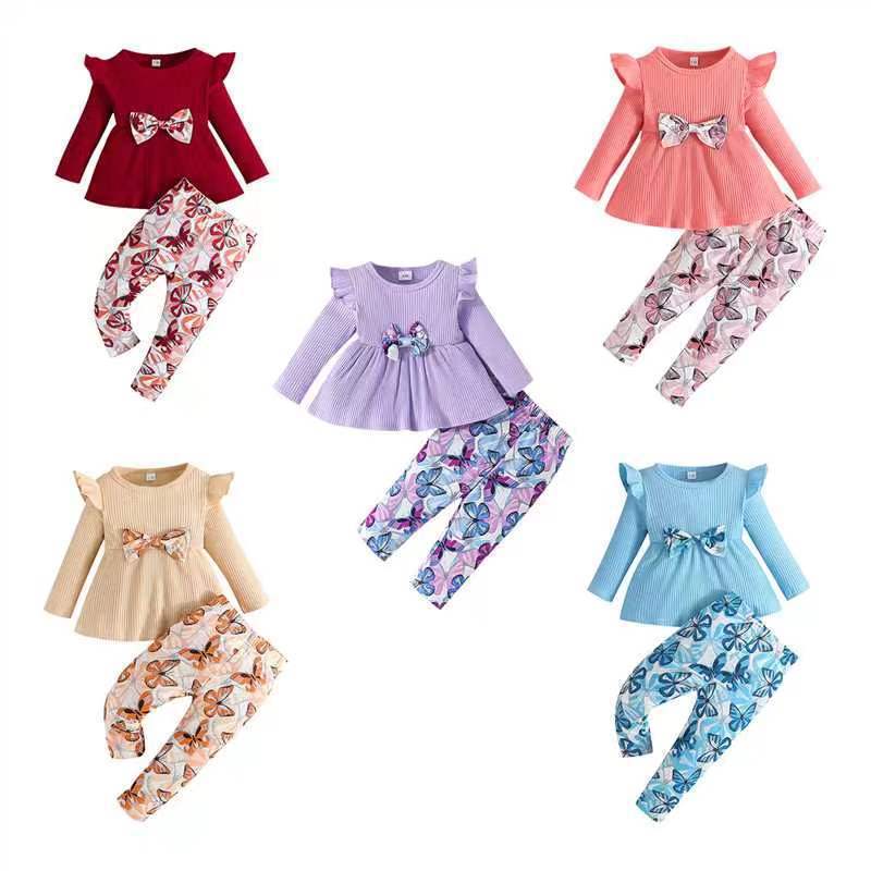 spring/autumn baby girl long-sleeve top & pants two-piece set - casual infant printed pants outfit
