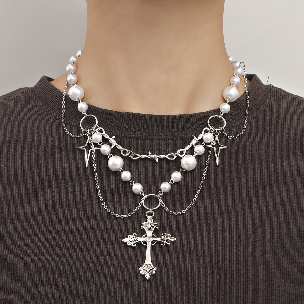 Pearl sweater chain wholesale european and american cross-border cross necklace punk multi-layered wearing light luxury niche clavicle chain for women
