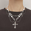 Pearl sweater chain wholesale european and american cross-border cross necklace punk multi-layered wearing light luxury niche clavicle chain for women