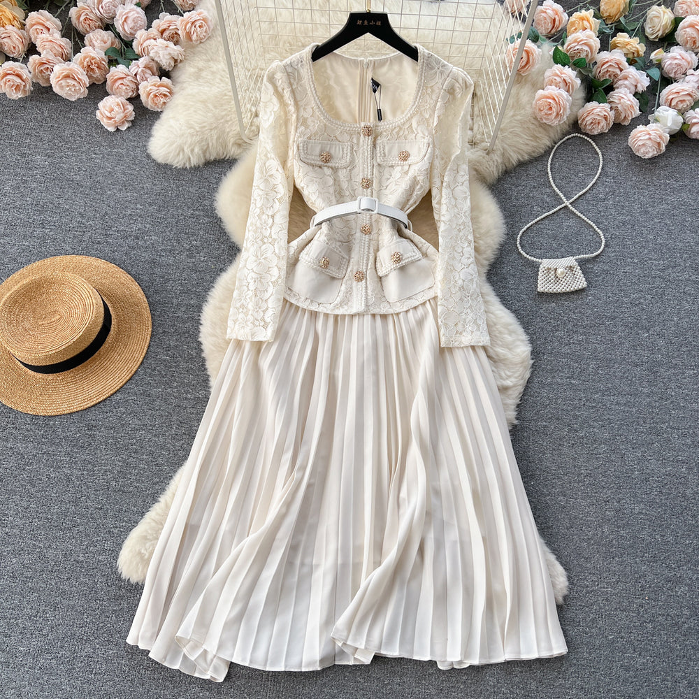 French chic dress - premium quality, heavily beaded, metal buckle, square neck, lace trim, pleated fairy dress
