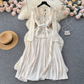 French chic dress - premium quality, heavily beaded, metal buckle, square neck, lace trim, pleated fairy dress