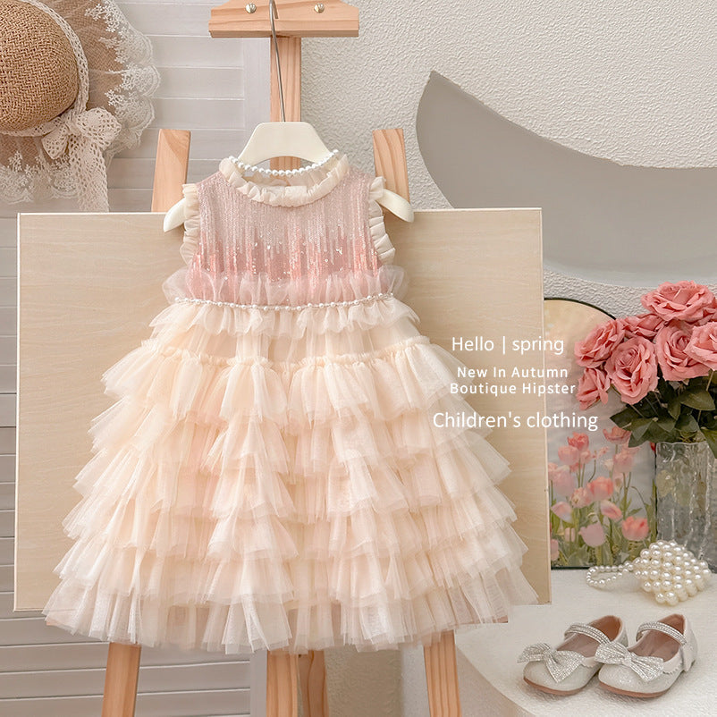 Girls' summer dress  new style sleeveless tank dress soft tulle sequin heavily embellished little girl's cake dress
