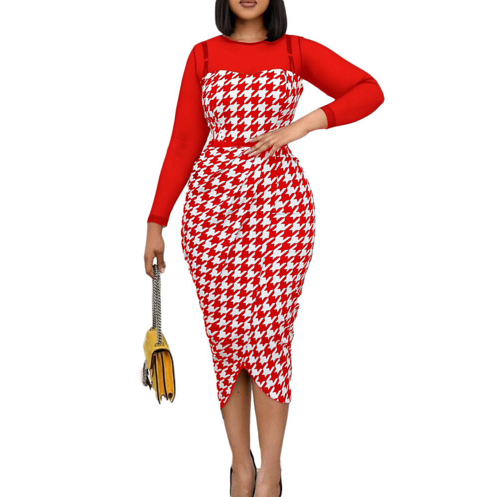 D223: plus size fashionable printed patchwork mesh office dress with belt - european & american style, perfect for cross-border e-commerce