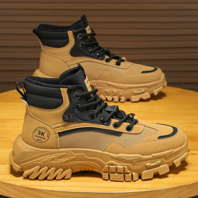 Men's work boots: spring outdoor hiking, anti-slip, wear-resistant, work, sports, thick sole, height increasing, black martin boots