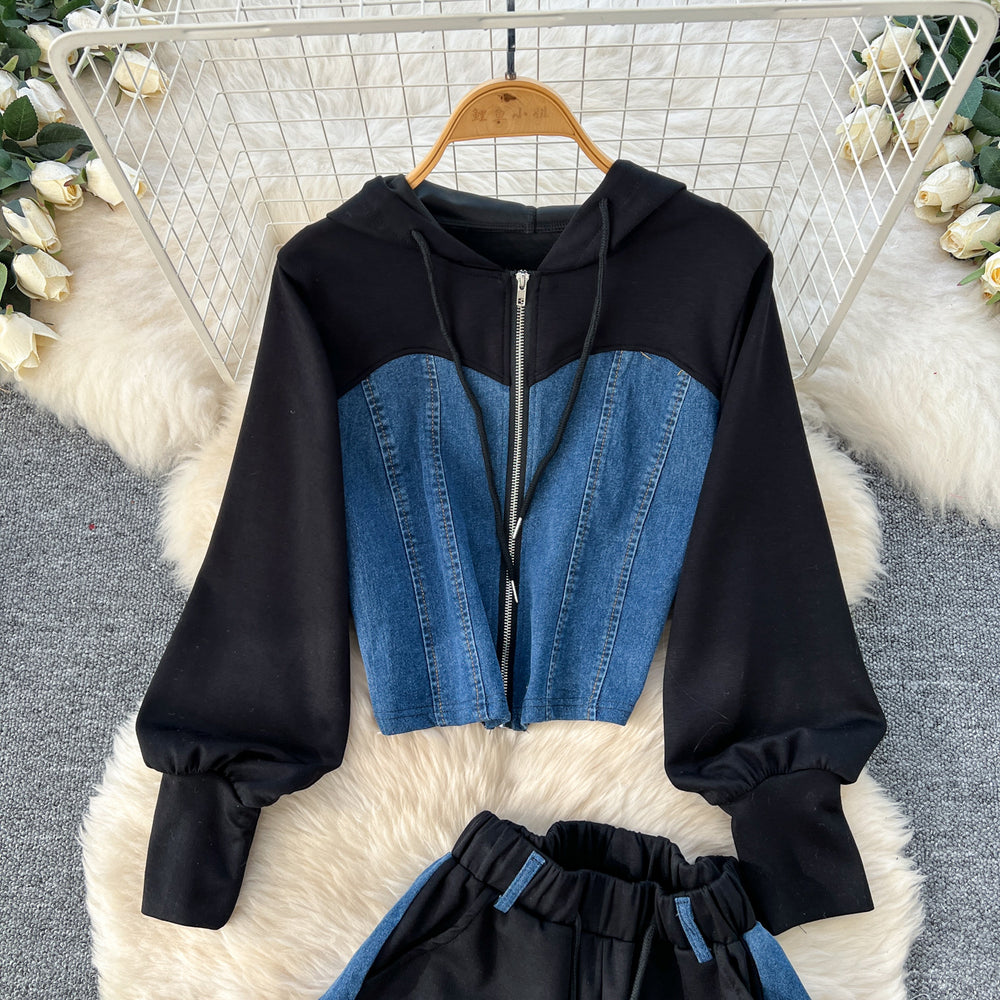 Spring hong kong style casual tracksuit set for women - pullover hoodie sweatshirt + high-waisted denim patchwork wide-leg pants