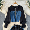 Spring hong kong style casual tracksuit set for women - pullover hoodie sweatshirt + high-waisted denim patchwork wide-leg pants