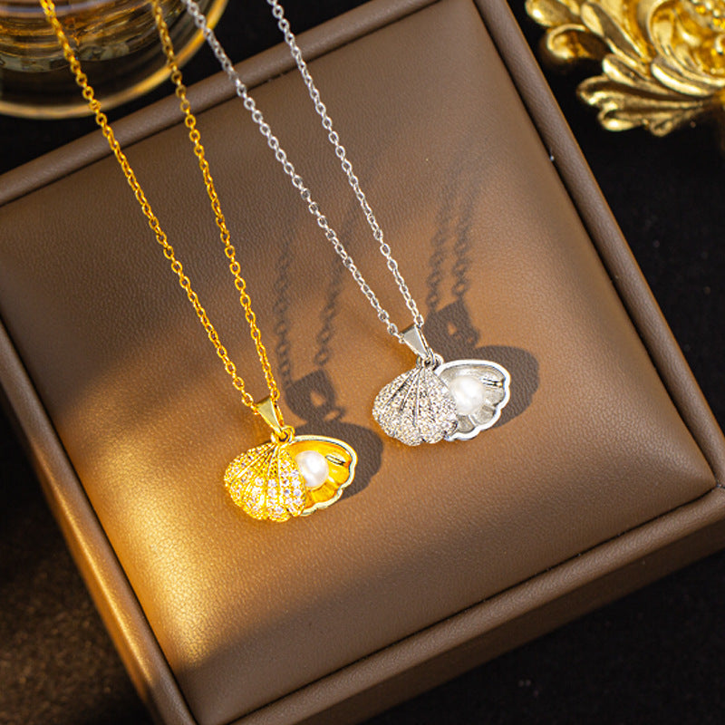 【titanium steel】korean style diamond-studded fashion hot-selling pearl necklace for women - non-fading, elegant, high-end, and perfect for sweater chains & jewelry