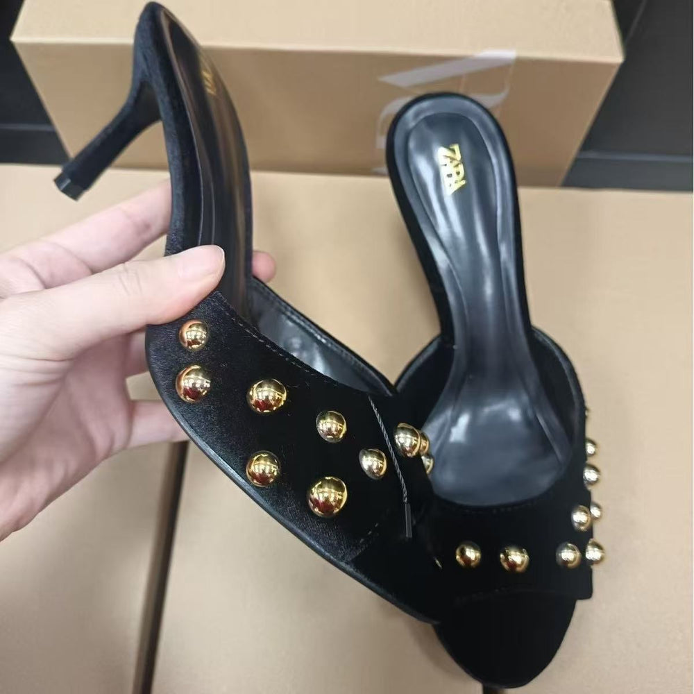 Black suede studded backless slip-on stiletto sandals - 2025 summer new arrival - low-cut outerwear mules