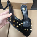 Black suede studded backless slip-on stiletto sandals - 2025 summer new arrival - low-cut outerwear mules