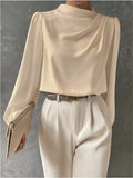 Solid color pleated women's blouse - elegant pullover satin top - new european and american style commuter long sleeve top