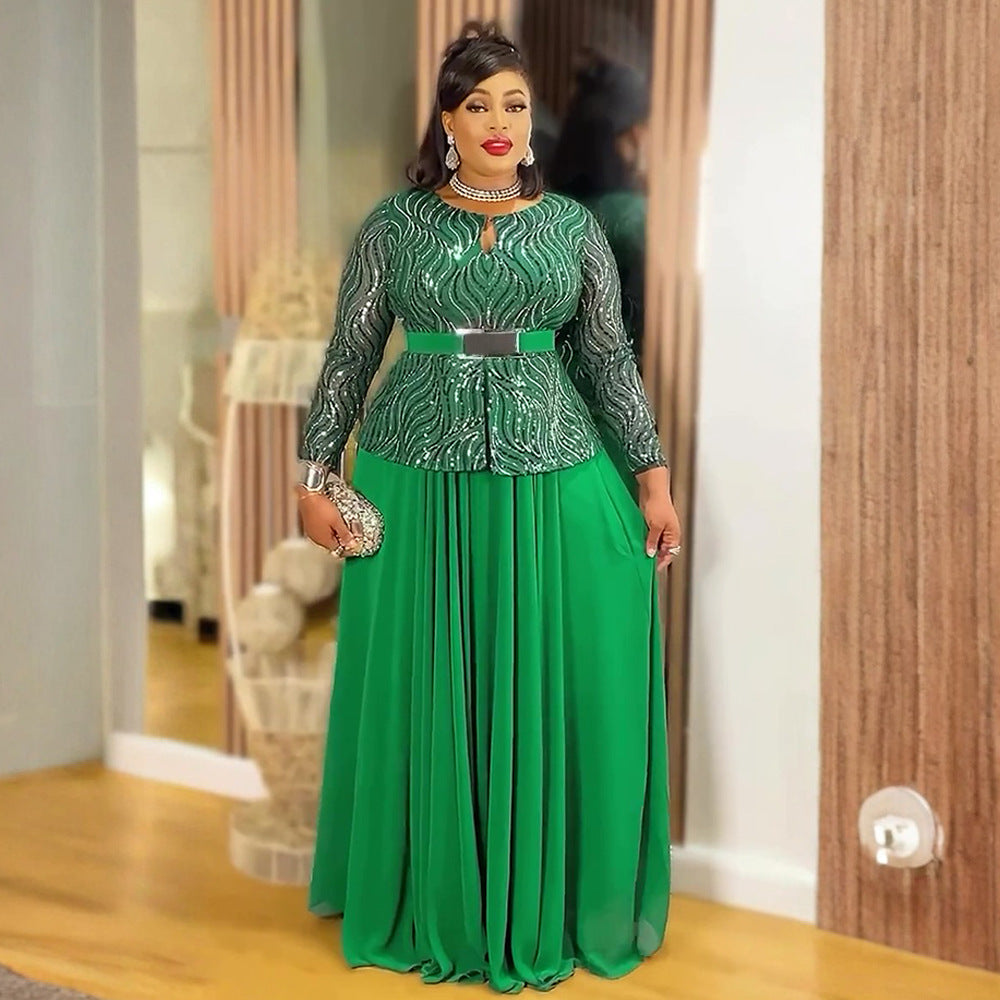 e-commerce  sequin banquet party dress long gown african women's plus size dress with belt