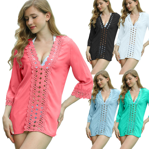 European and American  women's clothing large size loose seven-quarter sleeve lace crochet hollow beach blouse dress sexy sunscreen