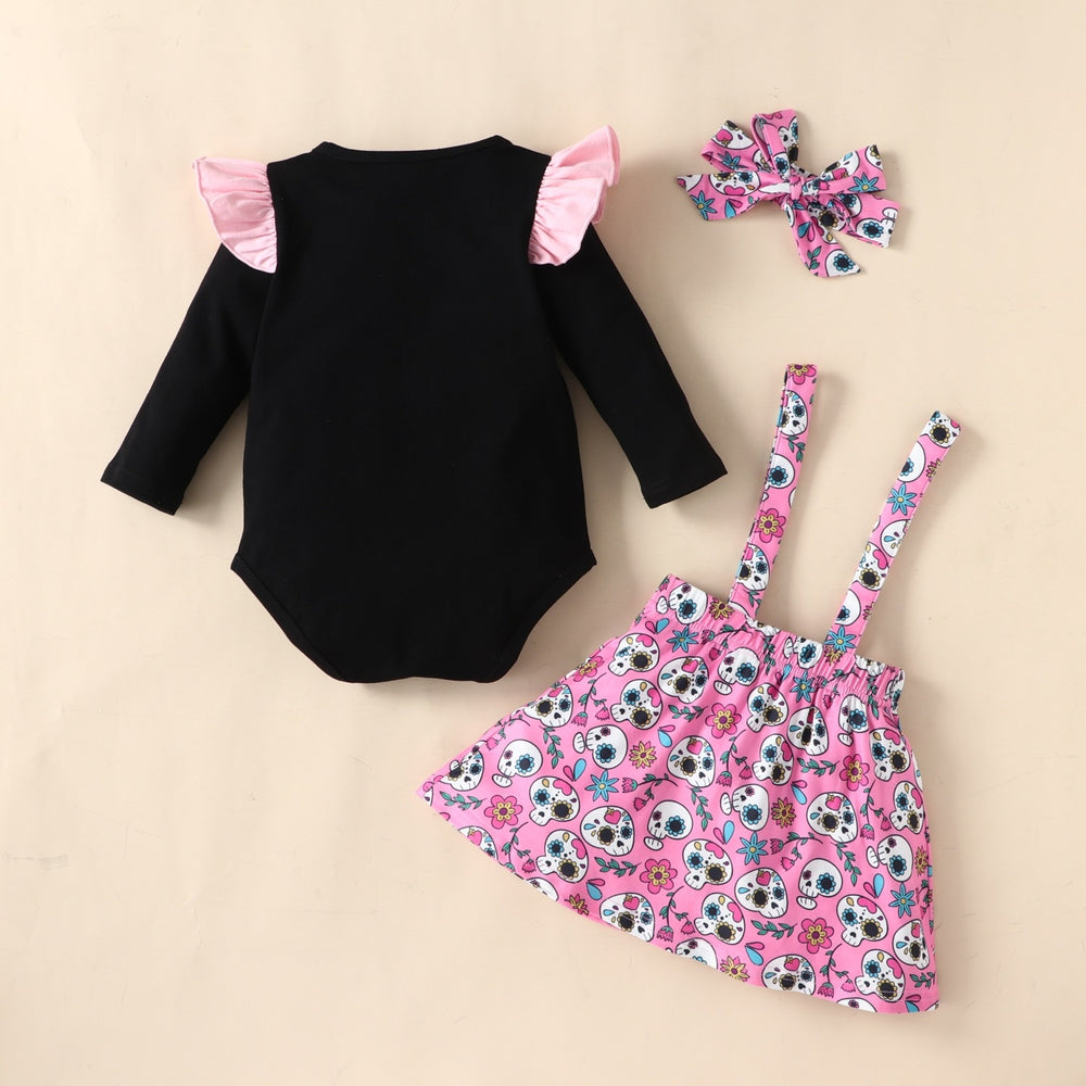 new cross-border heat transfer baby & toddler autumn long-sleeve halloween suspender dress three-piece set with triangle romper