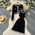 Xiaoxiangfeng socialite classysuit women's autumfashioncontrast color round neck long sleevesknittingcardigan sleeveless vest skirt