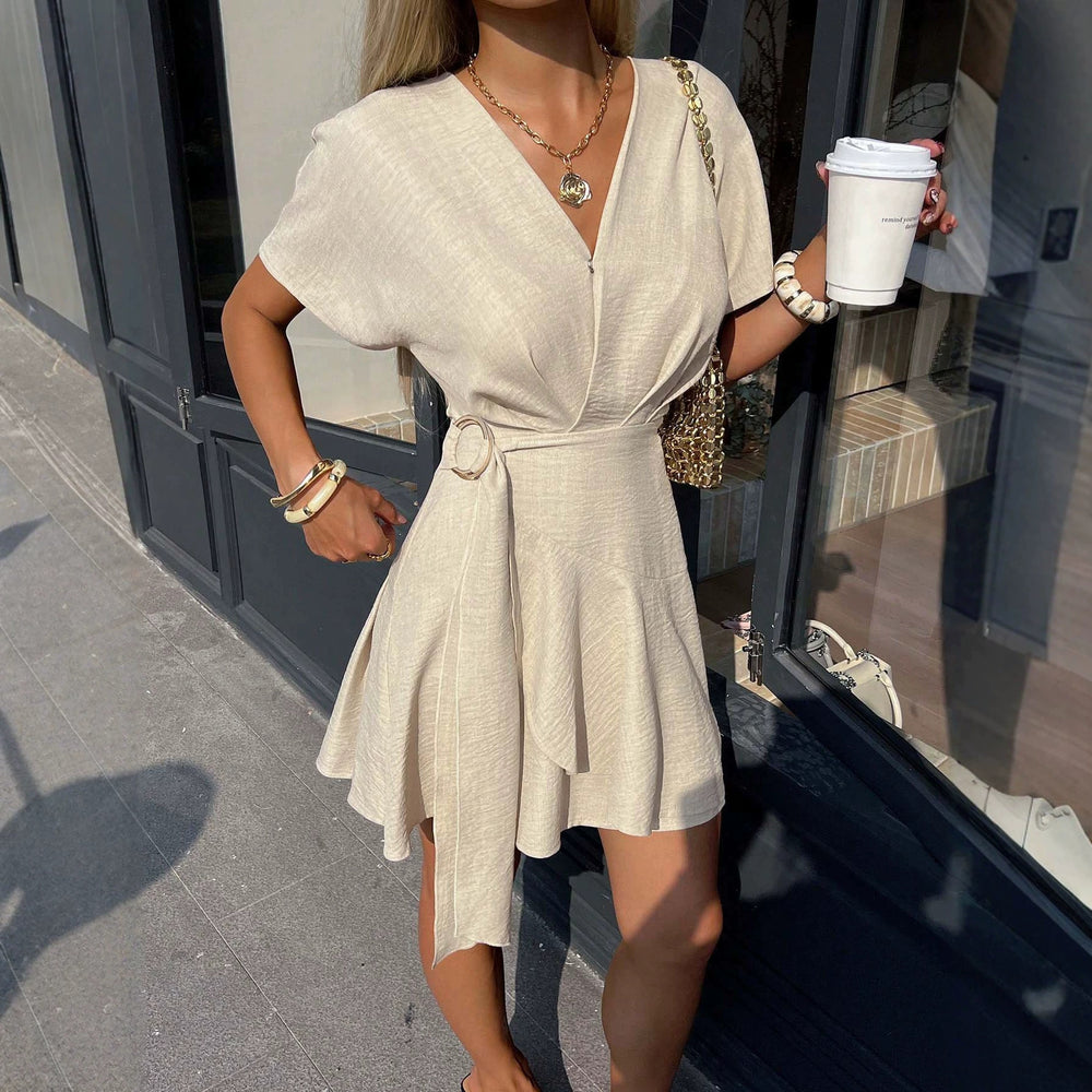 fashiongentle style v-neck dress waist slimming lookasymmetrical skirt nichesense of design short skirt