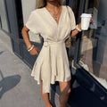 fashiongentle style v-neck dress waist slimming lookasymmetrical skirt nichesense of design short skirt