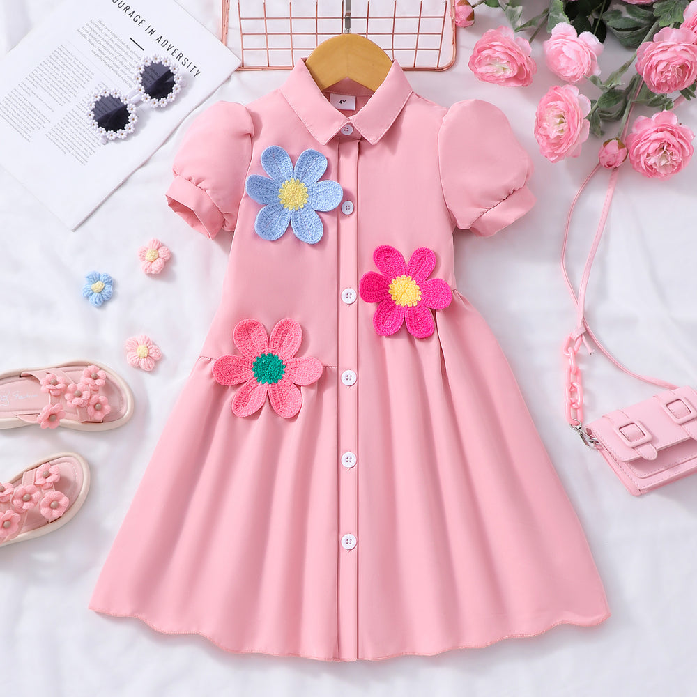 Girls' (toddler) dress, collared solid color dress with 3d floral appliqué
