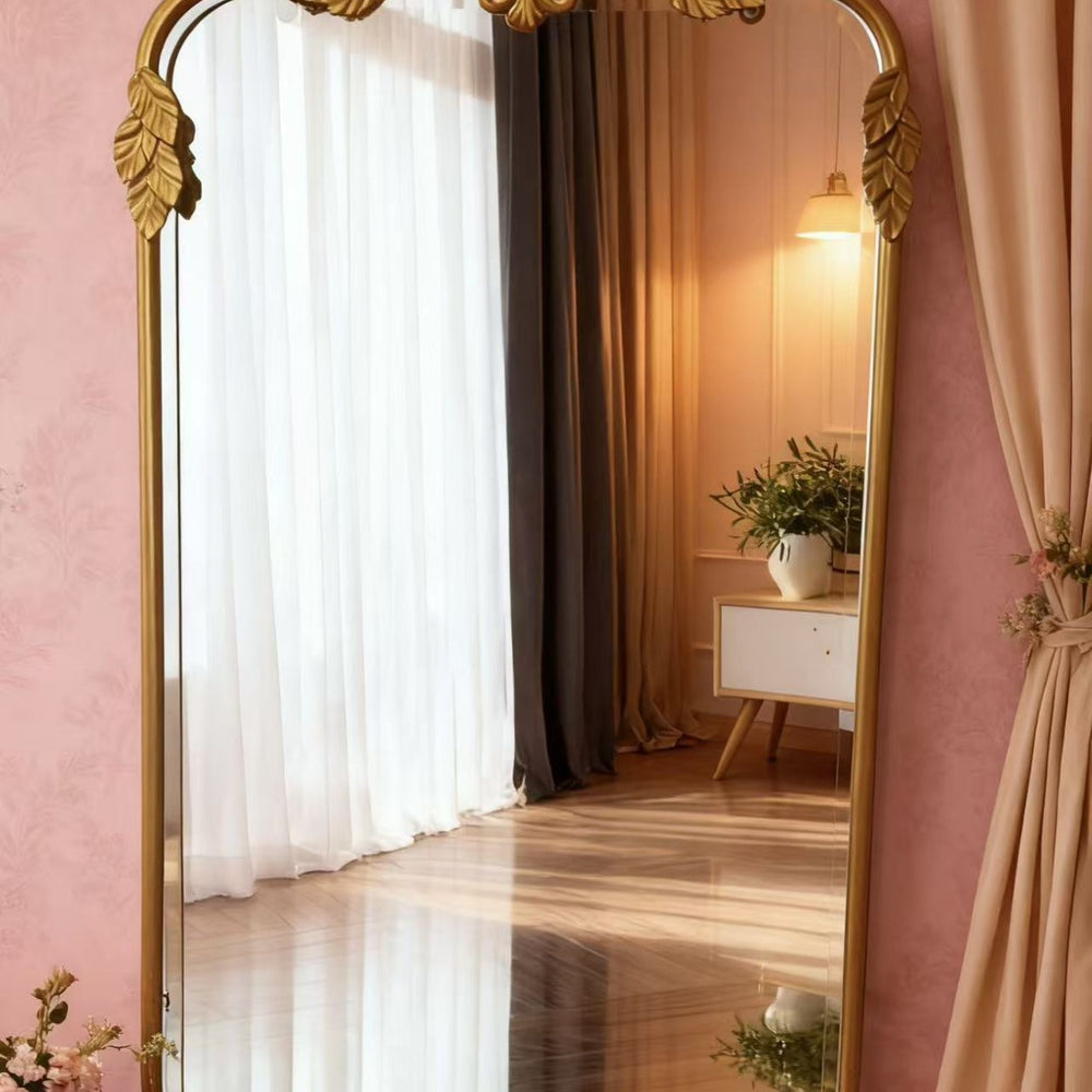 French retro full-length mirror, european-style solid wood carved floor mirror, bedroom wall-mounted gold vanity mirror, entryway mirror