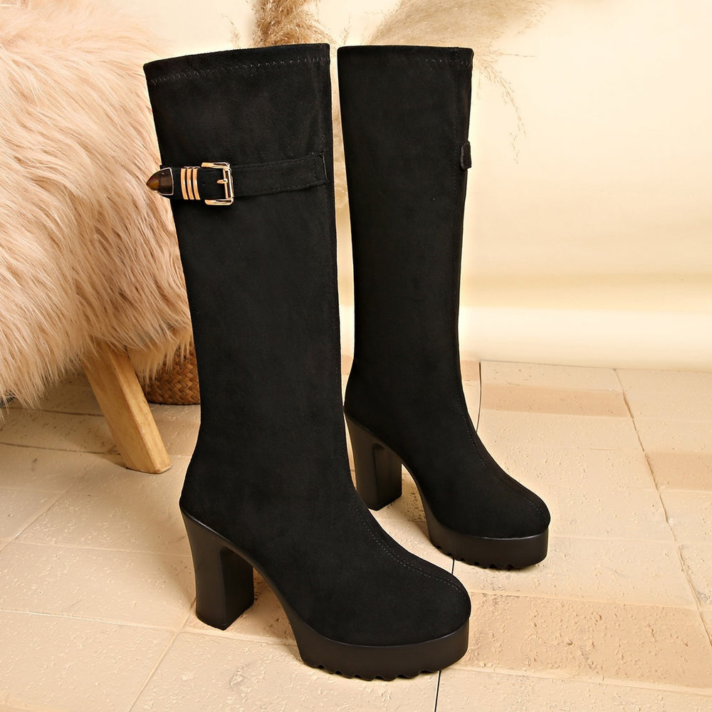 suede slimming look high-heeled fashion boots autumnew arrival thick heel plus size belt buckle retro boots for women