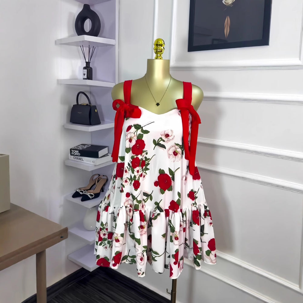 European and american cross-border women's fashion  spring new sleeveless printed double shoulder bow tie ruched mini dress