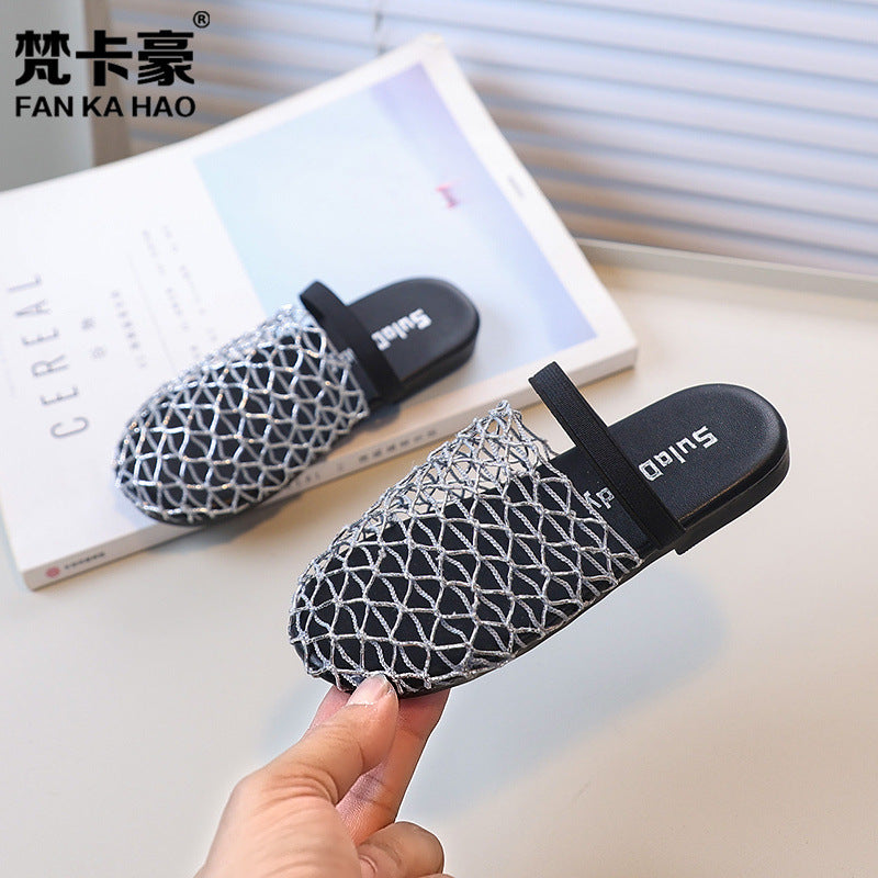 European and american niche fishnet knit cutout closed-toe mules -  summer new girls' flat outdoor sandals