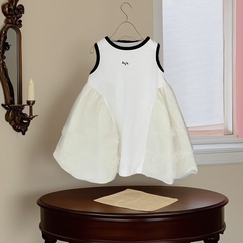 Girls' stylish sleeveless tank top princess dress -  summer new arrival - baby girl puffy patchwork mesh dress