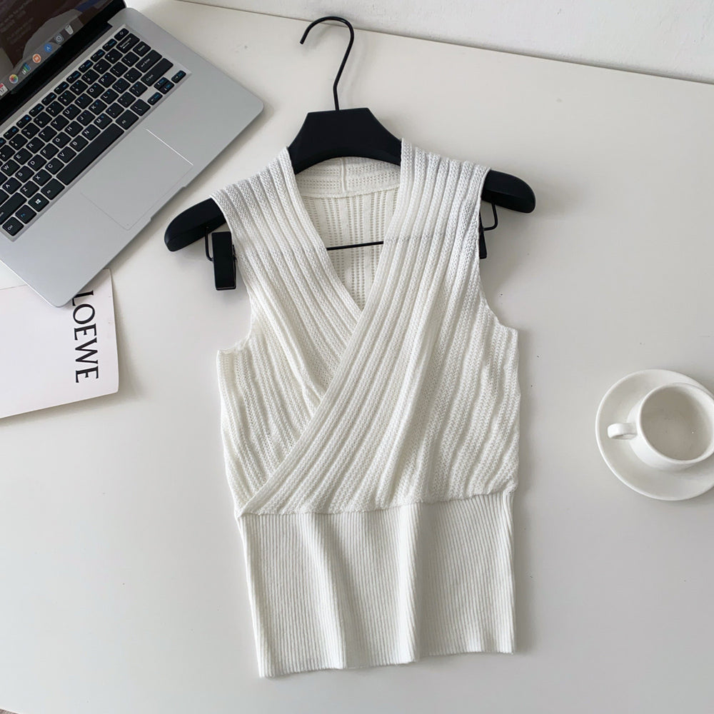 Sense of designniche style chicelegantv-neck knitting vest women's  spring and summerpure color sleeveless silmslimming looktops