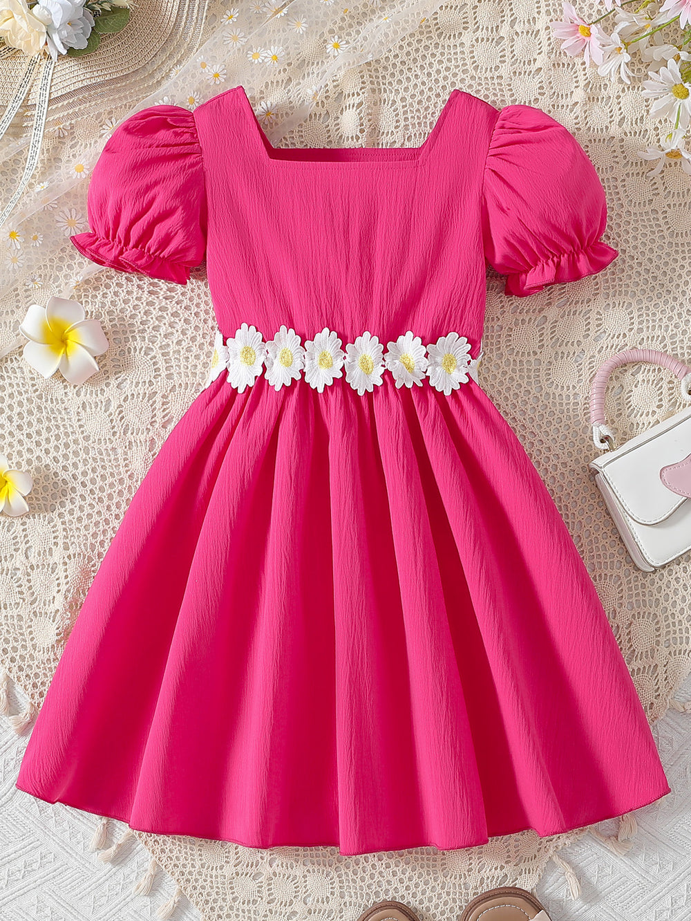 Exportsummergirldress pink square neck puff sleeves daisy belt waist a-line kids sweet skirt