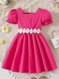Exportsummergirldress pink square neck puff sleeves daisy belt waist a-line kids sweet skirt