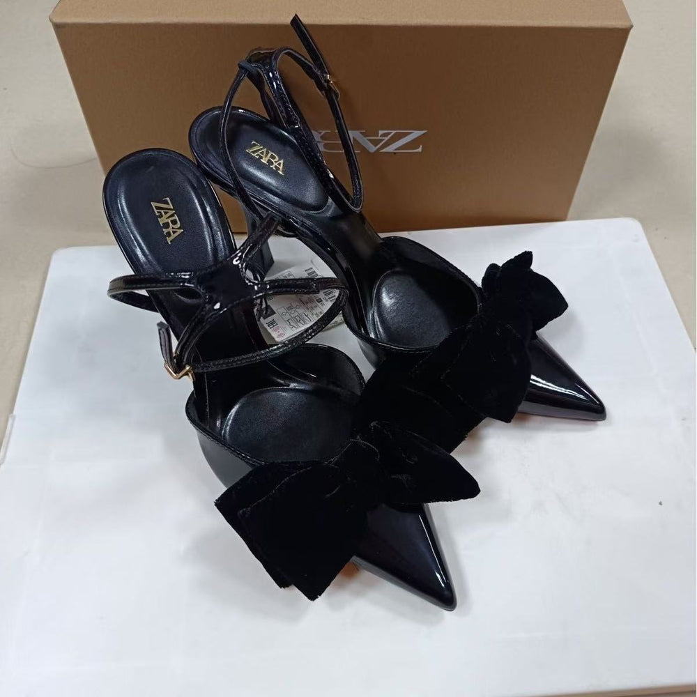 Za women's shoes 2024 autumn new collection black velvet bow-tie closed-toe stiletto heel elegant high heel sandals