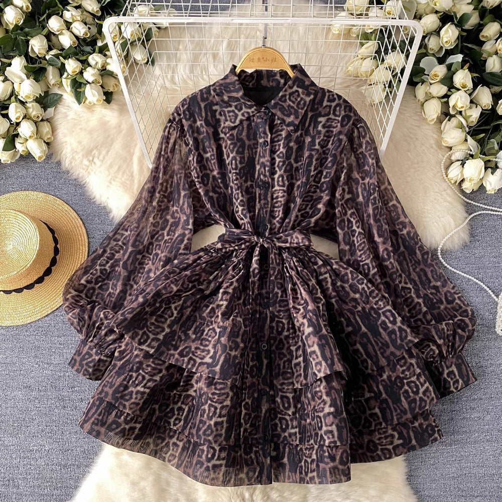 European and american style high-end printed lantern sleeve dress - women's summer tie-waist polo collar design elegant tiered dress
